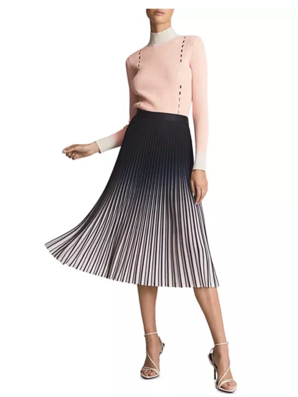 NWT Reiss Ombre Pleated Midi Skirt in Black and Cream, Size 6 - Picture 2 of 7